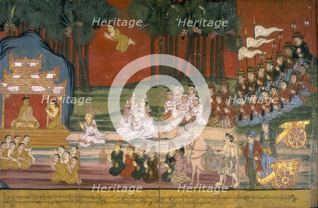 A king and his entourage kneel before Buddha, 19th century. Creator: Anon.