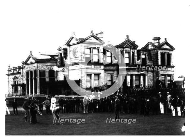 Old Tom Morris outside the Old Course Clubhouse at St Andrews in Scotland, c1900. Artist: Unknown.