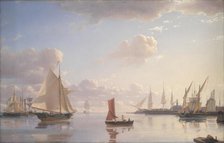 View from Langelinie towards the Royal naval Dockyards at Nyholm, Copenhagen, Morning Light, 1850. Creator: Emanuel Larsen.