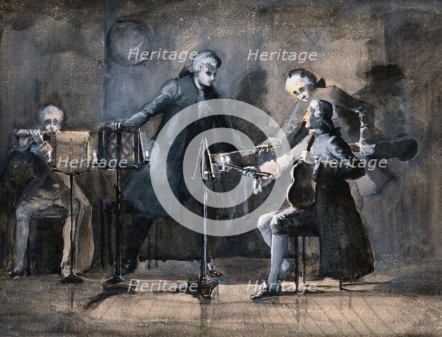 A quartet of musicians tuning up; two violinists point to their scores with their bows. Creator: Unknown.