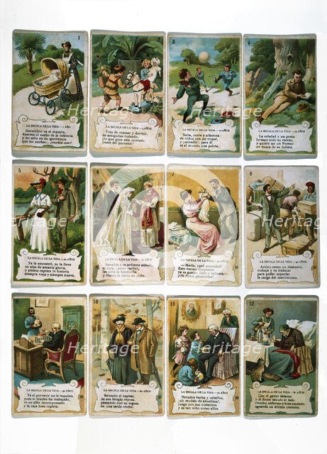The scale of life. Collection of stickers for the firm Chocolates Amatller, published in 1902. Creator: Mestres, Apeles (1854 - 1936).