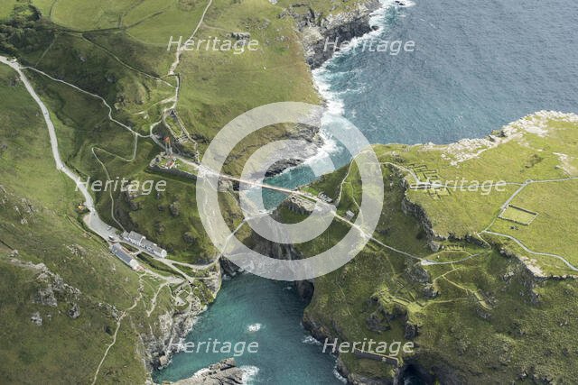 Construction of new Tintagel Castle footbridge, Cornwall, 2019. Creator: Damian Grady.