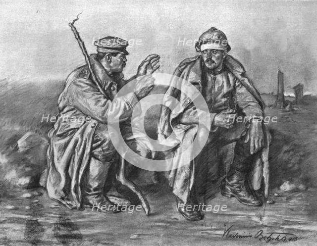 'Prisonnier bulgare donnant a un blesse serbe des nouvelles de sa patrie opprimee', 1916. Creator: Vladimir Betzitch.