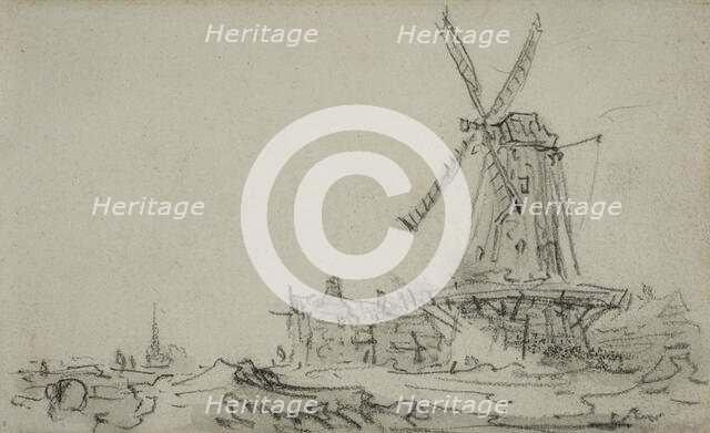 Landscape with a large windmill by a farm, in the distance in the background a..., ca 1650–1651. Creator: Unknown.