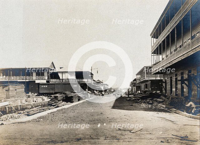 Colón, Panama; street with building works in progress, 1907. Creator: Unknown.