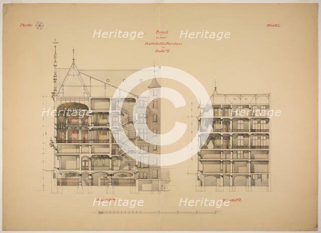 Rathskeller Neubau, Halle (Saale), Saxony-Anhalt, Germany, Two Sections, c. 1887. Creator: Peter Joseph Weber.
