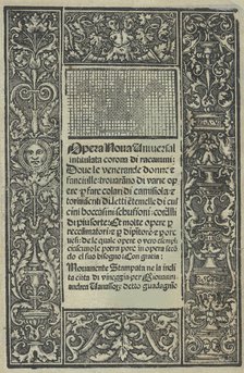 Opera Nova Universali intitulata Corona di racammi, title page (recto), [1530]. Creator: Giovanni Andrea Vavassore.