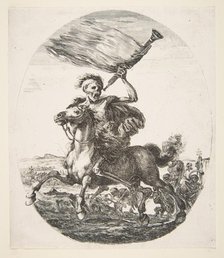 Death on horseback holding a trumpet, from 'The five deaths' (Les cinq Morts), ca. 1648. Creator: Stefano della Bella.