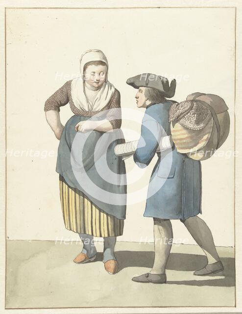 Fabric seller negotiating with a woman, 1700-1800. Creator: W. Barthautz.
