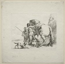 Various Caprices: The Cavalier Mounting his Horse, 1785. Creator: Giovanni Battista Tiepolo (Italian, 1696-1770).