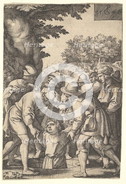 Joseph lowered into a well by his brothers, from the series 'The Story of Joseph', 1546. Creator: Georg Pencz.