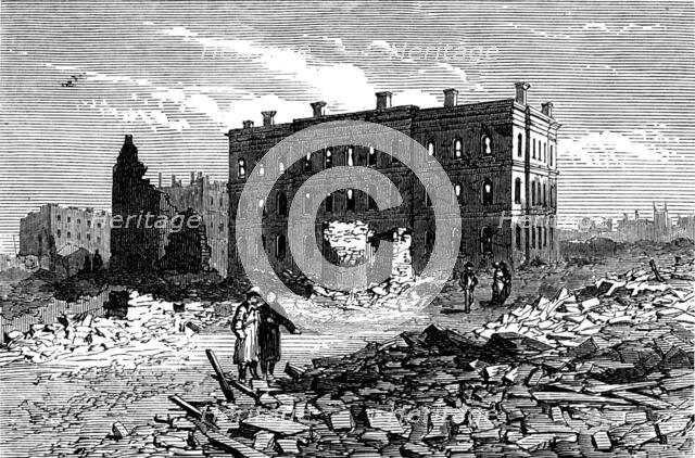 Ruins of Chicago after the Fire: Post-Office and Tribune Buildings, 1871. Creator: Unknown.