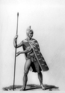 Young officer wearing a typical costume of malo, Hawaii, 1819. Artist: Jacques Etienne Victor Arago