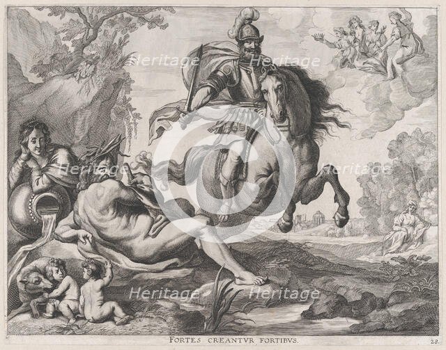 Plate 28: Mars on horseback at center, and Romulus and Remus with the wolf at lower left; ..., 1636. Creators: Jacob Neeffs, Johannes Meursius, Willem van der Beke.