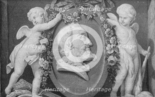 Bust of Henri IV in oval medallion with blue ground supported by two cupids, 18th century. Creator: French Painter , 18th century .