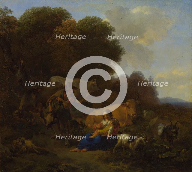 A Peasant playing a Hurdy-Gurdy to a Woman and Child, 1658. Artist: Berchem, Nicolaes (Claes) Pietersz, the Elder (1620-1683)