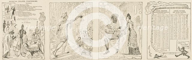 Train timetable and scenes from the Crystal Palace pantomime, mid-late19th century.  Creator: Unknown.