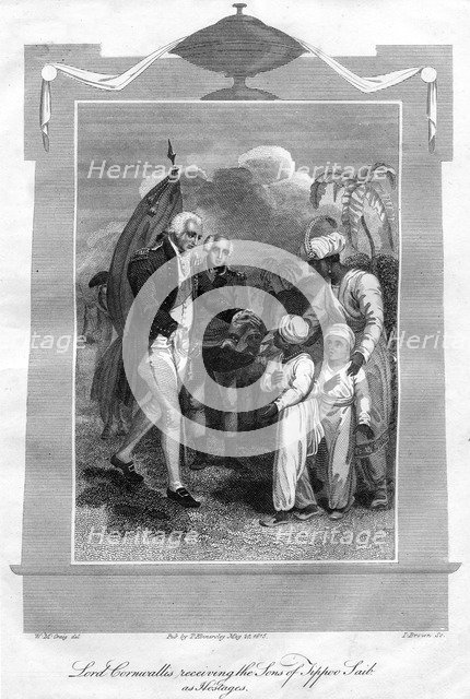 Lord Cornwallis (1738-1805) receiving the sons of Tippoo Saib as hostages, 1816.Artist: I Brown