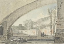 View under a bridge to terraces and a staircase, 1750-1806. Creator: Louis Gabriel Moreau.