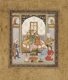 Zahhak Enthroned with the Two Daughters of Jamshid, Page from a Manuscript of the Shahnama..., c1615 Creator: Unknown.
