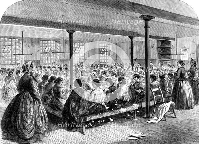 The Cotton Famine: the sewing-class at the Manchester...Provident Society's rooms, 1862. Creator: Unknown.