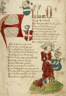 A Modishly Clothed Woman with the Falkenstein Coat of Arms; Barlaam und Josaphat, 1469. Creators: Hans Schilling, Diebolt Lauber.