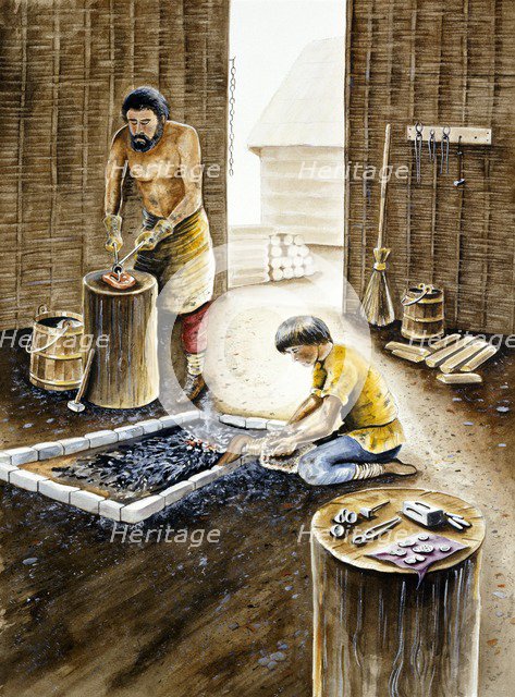 Viking metalsmith's workshop, mid 10th century. Artist: Chris Evans.