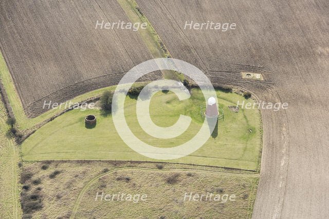 A tower windmill and World War II searchlight emplacements on Halnaker Hill, West Sussex, 2018. Creator: Damian Grady.