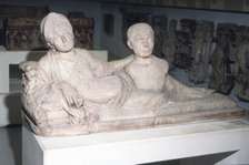 Sarcophagus woman holds bust of husband, c100-c110. Artist: Unknown.
