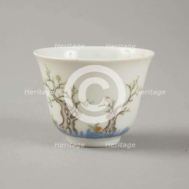 Underglaze blue month cup with polychrome enamelled decoration of a prunus tree. Artist: Unknown.