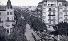 View of the Victoria Hotel in Catalonia Square with Round San Pedro stree in Barcelona in 1915.