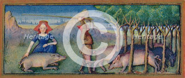October - feeding pigs on acorns, 15th century, (1939). Creator: Robinet Testard.