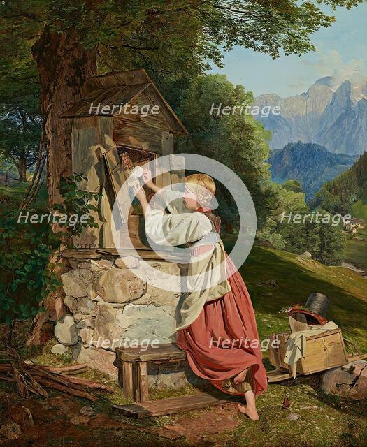 A girl decorates the Mother of God with a rose, 1836. Creator: Ferdinand Georg Waldmuller.