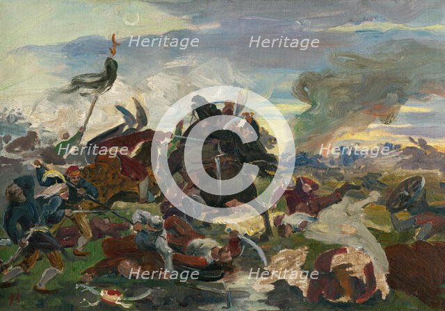 The Death of Tomory in the Battle of Mohács, around 1895-1896. Creator: Jozef Hanula.