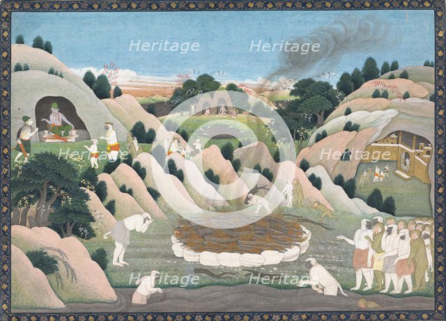 The Monkey King Vali's Funeral Pyre: Illustrated folio from a dispersed Ramayana series , ca. 1780. Creator: Workshop active in the First generation after Nainsukh (active ca. 1735-78).