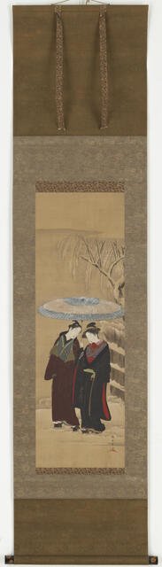 A Girl and a man walking in the snow, mid 18th century. Creator: Shunsho.