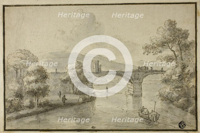 River with Arched Bridge and Boat, n.d. Creator: Herman van Swanevelt.