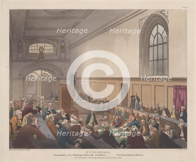 Guildhall, Examination of a Bankrupt before his Creditors (Microcosm of London..., November 1, 1808. Creator: J. Bluck.