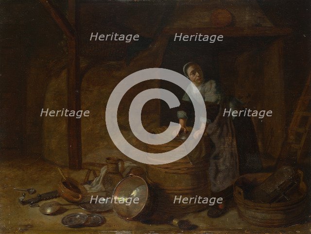 A Woman scouring a Pot, c. 1650-1660. Artist: Bosch, Pieter van den (ca. 1613-1663)