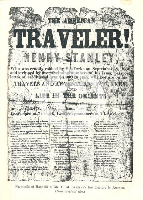 Henry M.Stanley, Handbill from Lecture Tour in America, At age 31 discovered Dr.Livingstone in Afric Artist: Unknown
