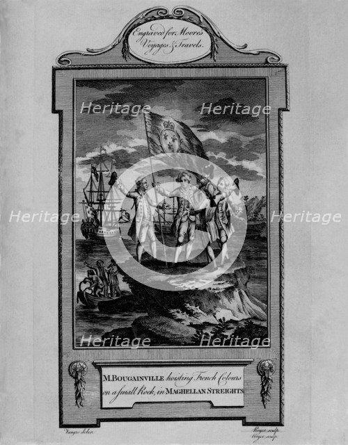 Bougainville raising the flag of France on a rock in the Strait of Magellan, engraving in the wor…