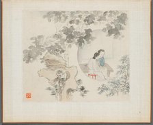 Album of Landscape Paintings Illustrating Old Poems: Two Women Sit at a Table..., 1700s. Creator: Hua Yan (Chinese, 1682-about 1765).