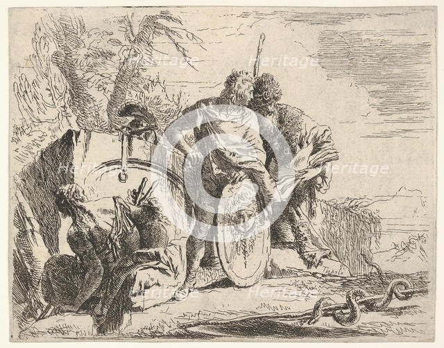 Three figures and a snake coiled around a staff, surrounded by a landscape, the ce..., 18th century. Creator: Giovanni Battista Tiepolo.