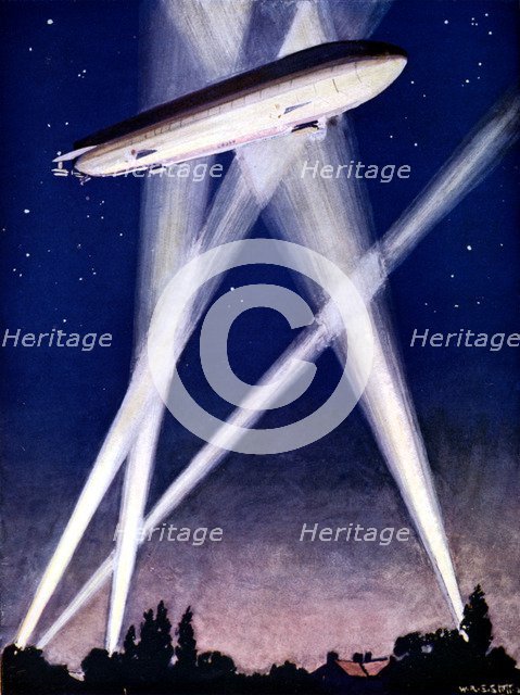 Zeppelin airship caught in searchlights during a bombing raid over England, 1916. Artist: Unknown