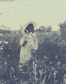 Young African-American(?) girl, wearing long dress and bonnet, standing in field holding..., c1900. Creator: Unknown.