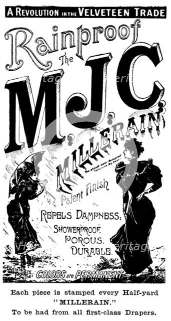 Advertisement for Millerain Rainproof Velveteen, 1895. Creator: Unknown.