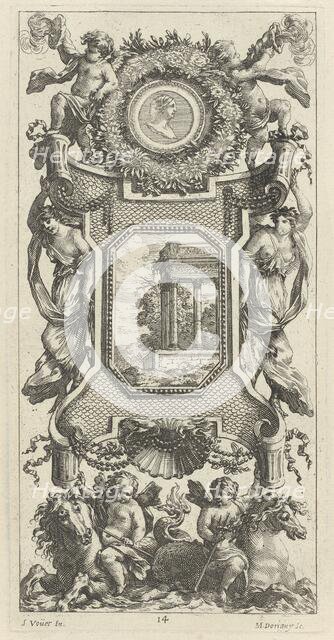 Ornamental Panel Surmounted by a Bust of a Woman and Two Putti with Flaming Trumpets, 1647. Creator: Michel Dorigny.