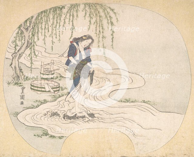 A Woman Stands on a Rock in a Stream Washing Clothes, ca. 1828. Creator: Utagawa Toyokuni II.