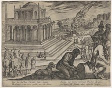 Plate 5: Tomb of Mausolus, stone masons make a column at the right, from The Seven Wonders..., 1608. Creator: Antonio Tempesta.