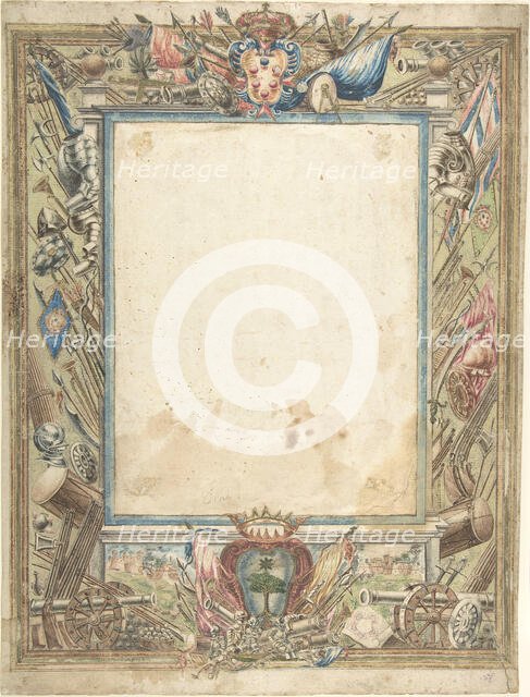 Design for a Frame with Armorial Trophies, the Medici Coat of Arms..., 16th century. Creator: Anon.